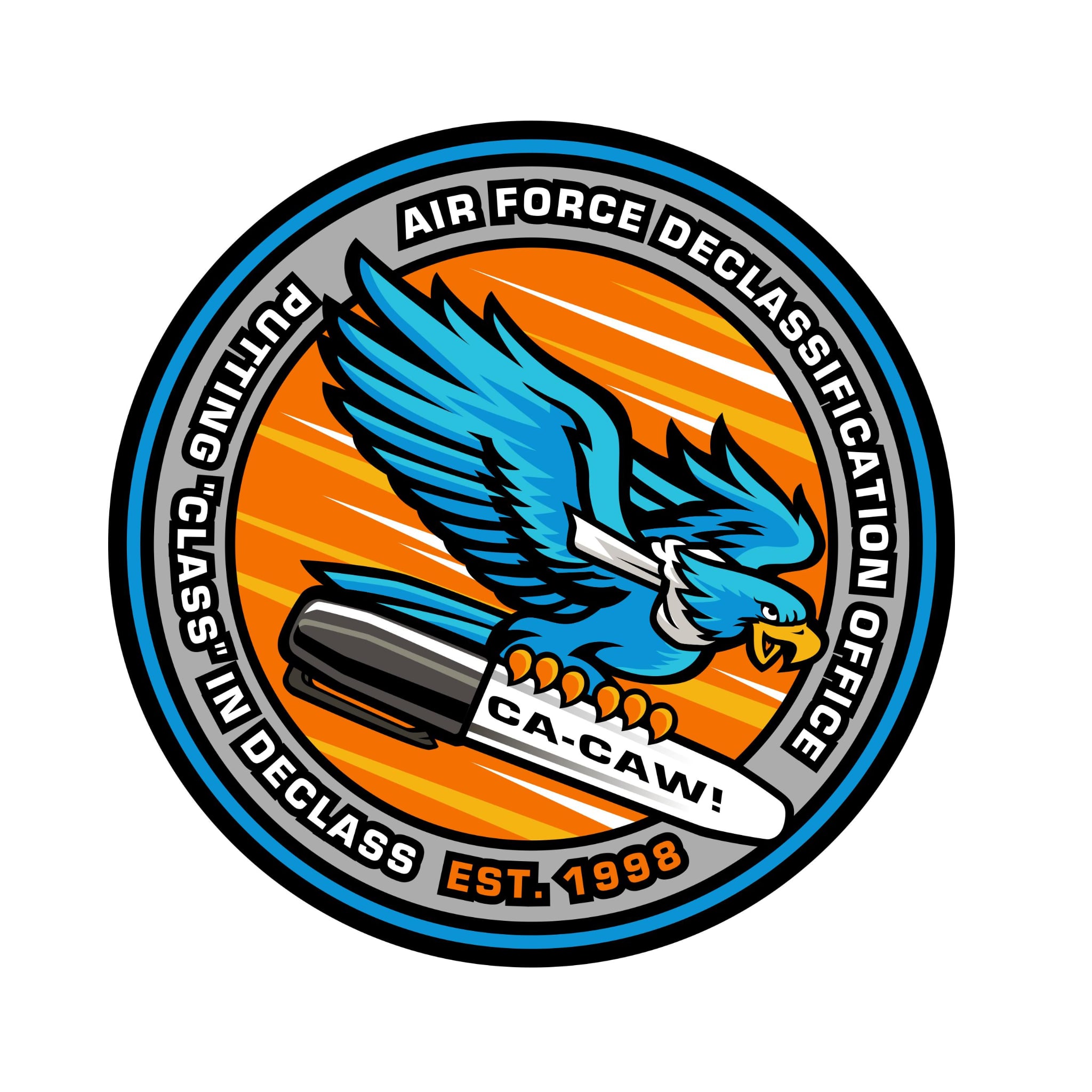 Air Force Declassification Office logo of a blue bird holding a sharpie that says "Ca-Caw!"